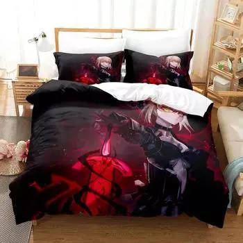 3D-печатный комплект постельного белья с изображением аниме FateStay Night Saber, односпальная кровать, двуспальная кровать размера Queen, двуспальная кровать, комплект постельного белья для взрослых и детей, комплект пододеяльников EU Single 135x200cm