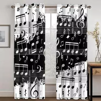 3D Piano Black and White Notes Romantic Innovative Curtains Living Room Kitchen Bedroom Balcony Window Decor Curtains 2 Panels 50W130H(CM)X2PCS&Grommet Top