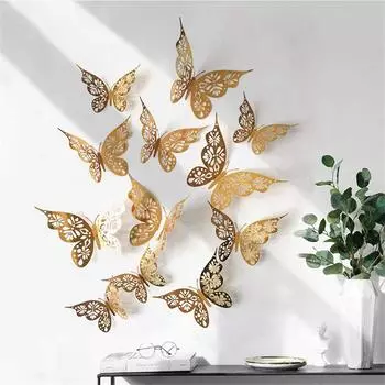 3D полые наклейки на стену с бабочкой, домашний декор, картонные наклейки на стену с бабочкой золотой