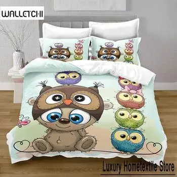 3D-принт Kawaii Owl Пододеяльник с наволочкой Украшение для спальни Постельное белье Queen Bedding Спальный гарнитур Кровать размера King Size Домашний текстиль 70x133cm 2pcs