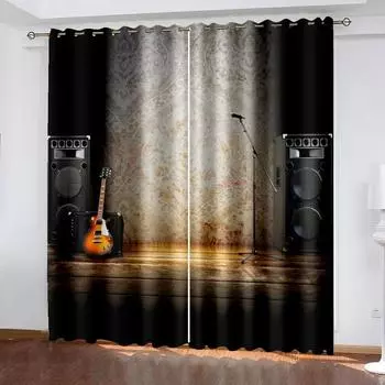 3D Print Modern Instrument Guitar Notes Cool Boy 2 Pieces Thin Shading Window Curtain For Living Room Bedroom Decor Rod Pocket (50Wx50H)x2(CM)&Rod Pocket