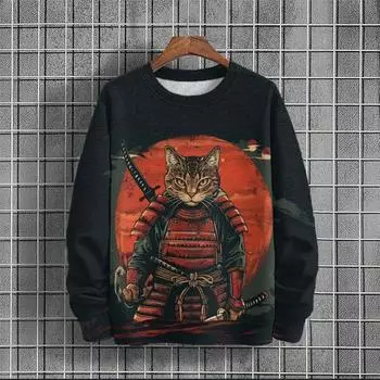 3D Printed Cool Cat Hoodie For Men Japanese Animal Pattern Sweatshirts Autumn Long Sleeve Round Neck Street Loose Unisex Hoodies S