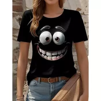 3D Printed Fun Expression Pattern T-shirts Summer Casual Round Neck Top Short Sleeve Loose Women s T-shirts XS