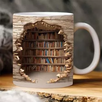 3D Printed Pattern Ceramic Mug Creative Library Bookshelf Sewing Machine Pattern Water Cup Coffee Cup Office Home Water Cup Gift