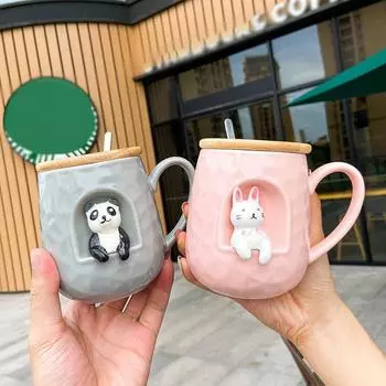 3D рельефная керамическая кружка с крышкой ложка личность кофейные кружки ложка животное дрова собака чашка чайная чашка 450ml