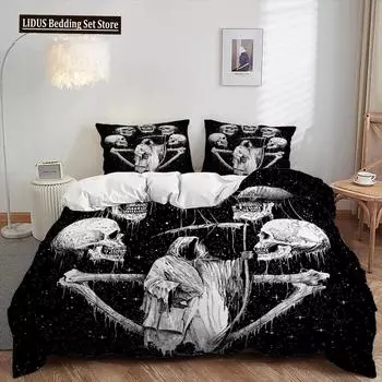 3D Skull Duvet Cover Set, Gothic Skull Bedding Sets,Skull Skeleton Comforter Cover Full Queen Size,Halloween Horror Quilt Cover EU Single 135x200cm