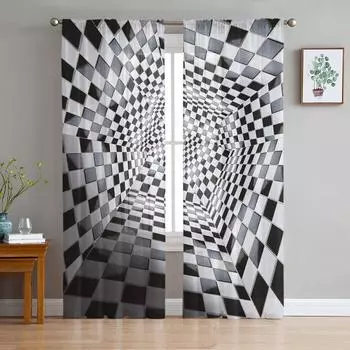 3D Space Grid Pool Abyss Window Curtains For Living Room Спальня Кухня Шифон Прозрачный Оконный Декор 135W x 114H(cm)