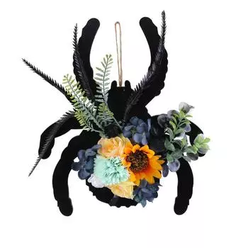 3D Spider Wooden Plaque Door Hanging Flower Wreath, Plaque Door Hanging Festive Atmosphere Decorative Vine Circle Wall Hanging One Size