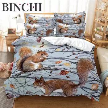 Комплект постельного белья с изображением белки 3D Queen Bedding Duvet Cover Set Bedding Bed Cover Cotton Queen Bed Cover Set Bed Set Bedding EU single(135x200cm)&set