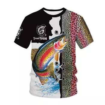 3D T-shirt with Digital Print Round Neck Short Sleeved Men s Fish Animal Pattern t Shirts S
