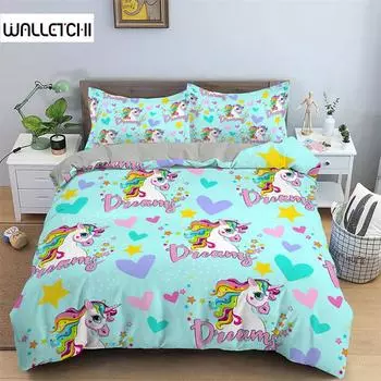 3D Unicorn Duvet Cover Cartoon Style Bedding Set Luxury Twin Full For Kids Boys Girls Microfiber Comforter Cover Home Textile EU single(135x200cm)