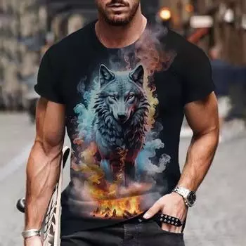 3D Wolf Pattern Print Мужская футболка с графическим дизайном и круглым вырезом Novel Повседневные футболки Летняя мужская одежда Повседневный отпуск Resor S