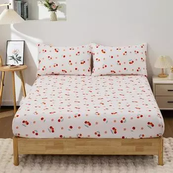 3Pc Cherry Little Red Flower Bed Sheet Kawaii Bedding Set 100%Polyester 1Fitted Sheet 2Pillowcase Suitable For Adults/Children 138x190CM 3PC