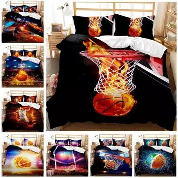 3Pc Fire Basketball Bedding Microfiber Queen/King Size Sports Comforter Set for Teen Boys,2 Pillowcase and 1 Polyester Cover 218x177cm 86x70in