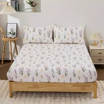 3Pc Lavender Butterfly Fitted Sheet Comfortable Bed Cover 1Fitted Sheet 2Pillowcases (No Pillowcase) Elastic Mattress Protective 99x190CM 3PC