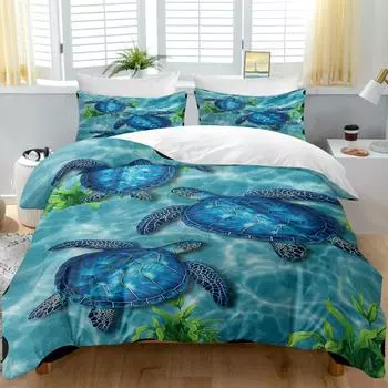 3pc Three Blue Sea Turtles Design Bedding Set Ocean Theme Quilt Cover with Zipper Closure 1 Duvet Cover and 2 Pillow Cases Set&Eu Twin 135x200cm