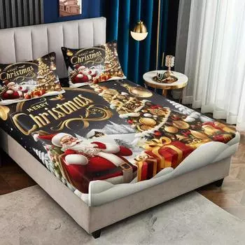 3pcs 85G July Polyester and Nylon Gorgeous Christmas Moon Color, Tree and Santa Digital Fitted Sheet Set, Soft, Comfortable, Bed 90x200cmx25