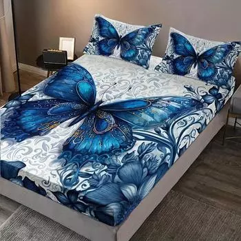 3pcs Blue Butterfly Floral Fitted Sheet Set (1 Fitted Sheet + 2 Pillowcase Without Pillow Insert), HD Printing For Bed Sheet 90x200cmx25