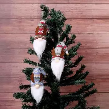 3pcs Cute Christmas Deer Horn Bells Gnome Doll Plush Cartoon Faceless Old Man Hanging Ornaments Exquisite Snowflake