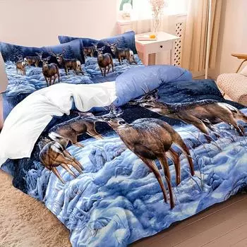3pcs Deer Duvet Cover Set - Soft, Comfortable, Breathable 3D Print Wild Animal Bedding with 1 Duvet Cover and 2 Pillowcases US Queen228x228cm