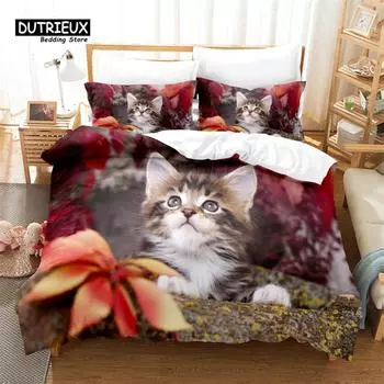 3pcs Duvet Cover Set, Cute Animals Cat Bedding Set, Soft Comfortable Breathable Duvet Cover, For Bedroom Guest Room Decor EU single(135x200cm)
