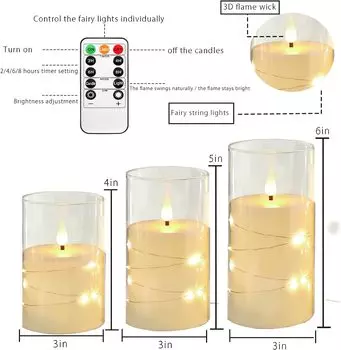 3Pcs Flickering Flameless Candles Lamp Battery Operated Candles Recessed String Light LED Candles with Remote Timer 3D Flame серый