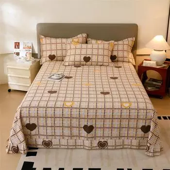 3Pcs Geometric Lattice Heart Pattern Bed Sheet Set 100% Cotton Thick Flat Sheet with Pillowcases Soft Comfortable Bedding Set 180x240cm 3Pcs