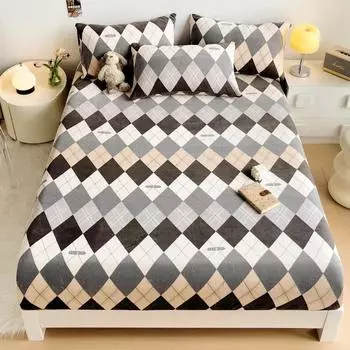 3Pcs Geometric Plaid Flannel Fitted Sheet Set Home Soft Warm Fuzzy Deep Pocket Elastic Mattress Protector Velvet Bedding Set 150x200x25cm 3pcs