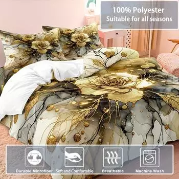 3pcs Marble With Golden Rose Duvet Cover Set, Marbling Flower Print Quilt Cover With Pillowcase Eu Single135x200cm