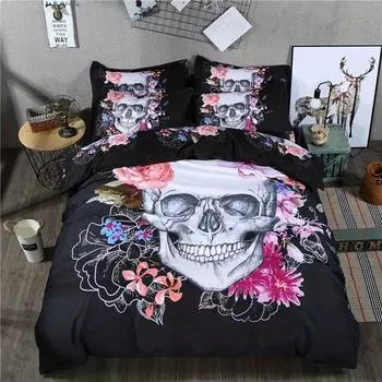 3pcs Soft and Comfortable Skull Flower Print Duvet Cover Set for Bedroom and Guest Room - Includes 1 Duvet Cover and 2 Pillowcas US Queen228x228cm