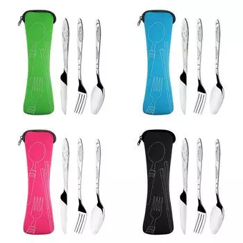 3Pcs Stainless Steel Knifes Fork Spoon Set Family Travel Camping Cutlery Four-piece Dinnerware Set Outdoor Tableware with Case чёрный
