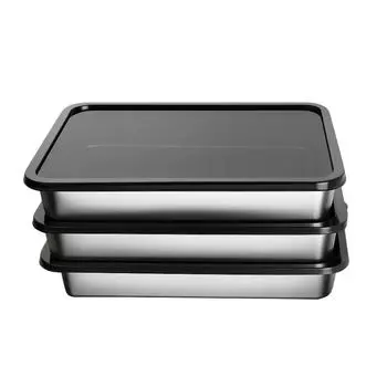 3Pcs with Lid Dumpling Storage Box Stainless Steel Kitchen Serving Plate Barbecue Pan Picnic