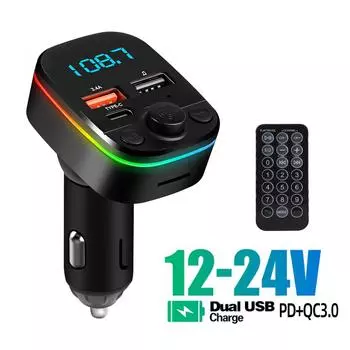 3в1 Автомобильный Bluetooth 5.0 FM-передатчик Mp3-плеер 3.4A Двухпортовый USB + Type C PD Быстрое зарядное устройство с дистанционным управлением Беспроводной аудиоприемник с окружающим освещением With Remote Control