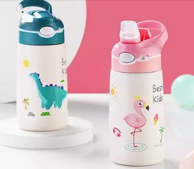 400 мл детская бутылка для воды с мультяшными животными, детская чашка с соломой, вакуумные флаконы из нержавеющей стали, термос, термокружка, чашки 400ml зелёный