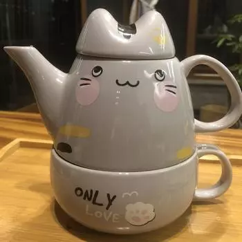 400 мл Fat Cat Керамический чайник для матери и ребенка Кофейный набор Чайник Японский мультяшный чайник 1 чайник 1 чашка