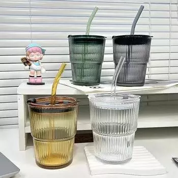 400ml Ins Stripe Glass Cup With Lid and Straw Transparent Drinking Glasses Iced Coffee Mug Juice Tea Cup Water Cups Drinkware 400ML зелёный
