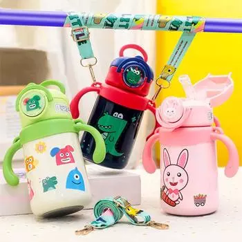 400ml Kids Vacuum Flask With Straw And Strap Double Stainless Steel Leak-Proof Cartoon Cute Thermal Water Bottle Tumbler 400ml зелёный
