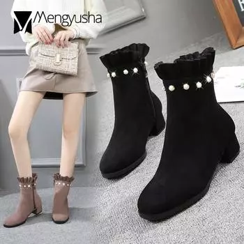 41 42 43 Big size women winter booties suede leather ruffles short snow boots girls pearl decorate mid-calf plush botas shoes 4.5 чёрный