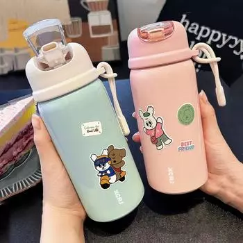 420ml Fashion Double Stainless Steel Vacuum Flask With Straw Portable Cute Thermos Mug With stickers Tumbler 420ml чёрный