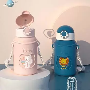 450ml Kids Thermos Mug With Straw Stainless Steel 316 Cartoon Vacuum Flask With Silicone Case Children Cute Thermal Water Bottle 450ml красный