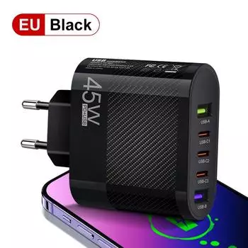 45 Вт 5 портов 3PD+2USB зарядное устройство для мобильного телефона USB A USB C адаптер быстрой зарядки для iPhone 15 для Samsung портативное зарядное устройство EU - Black