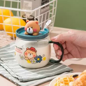 480 мл стеклянная кружка Bear Cup с крышкой и ложкой, стильная парная кружка для питья воды для дома и офиса, молочные стеклянные кружки для работы 480ml
