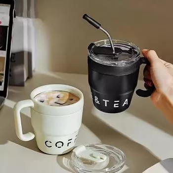 480MLCoffee Cup with Straw Lid Stainless Steel Thermos Mug for Cold Drinks Water Tea Milk Office Outdoor Portable Bottle 480ml