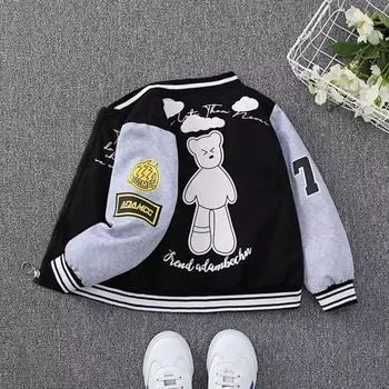 4-12 лет Детская куртка Весна и осень Мальчики Куртка Мультфильм Медведь Письменный Принт Бейсбольная Форма Спортивная Досуг Верхняя Одежда 160 чёрный