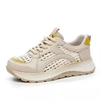 4.5CM Summer Woven Mesh Shoes Women Thick Sole Lace-Up Lightweight Breathable Genuine Leather Casual Sneakers 2025 Women Shoes 35