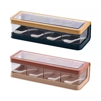4 Compartment Seasoning Box with Spoons and Cover Storage Container Cruet Jars Can Pot for Salt Sugar Condiment X3UC