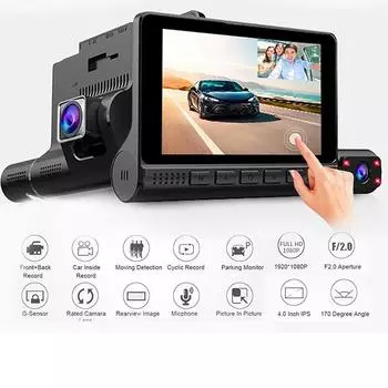 4-дюймовый сенсорный экран с 3 объективами, 1080P HD DVR, регистратор для вождения, датчик силы тяжести, мониторинг парковки, автомобильный видеорегистратор, 170 градусов, широкоугольный видеорегистратор Dual lens чёрный
