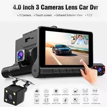 4-дюймовый сенсорный экран с 3 объективами, 1080P HD DVR, регистратор для вождения, датчик силы тяжести, мониторинг парковки, автомобильный видеорегистратор, 170 градусов, широкоугольный видеорегистратор Dual lens чёрный