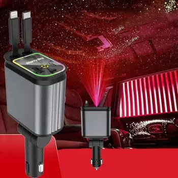 4 In 1 Car Charger with Retractable Cable Ambient Light Type C Fast Charging Adapter for iPhone Xiaomi Huawei Samsung
