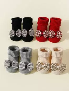 4 Pairs of Toddler Socks with Cute Bows, Fashion Soft Anty-Slip Cotton Newborn Baby Ankle Socks for Infant Girls Boys 0-24 Months 6-12m